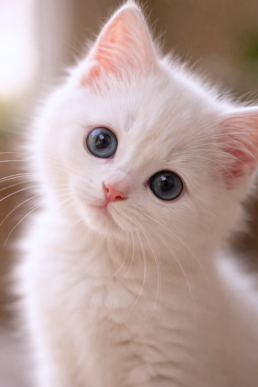 「ふと首をかしげてカメラを見つめる白い子猫。透き通る青い瞳とやわらかな光に包まれた、思わず見入ってしまう愛らしい瞬間を切り取った一枚🐾」Close-up photo of a white kitten with bright blue eyes tilting its head curiously toward the camera in soft natural light. 柔らかな自然光の中で首を少し傾け、好奇心いっぱいの青い瞳でカメラを見つめる白い子猫のクローズアップ写真