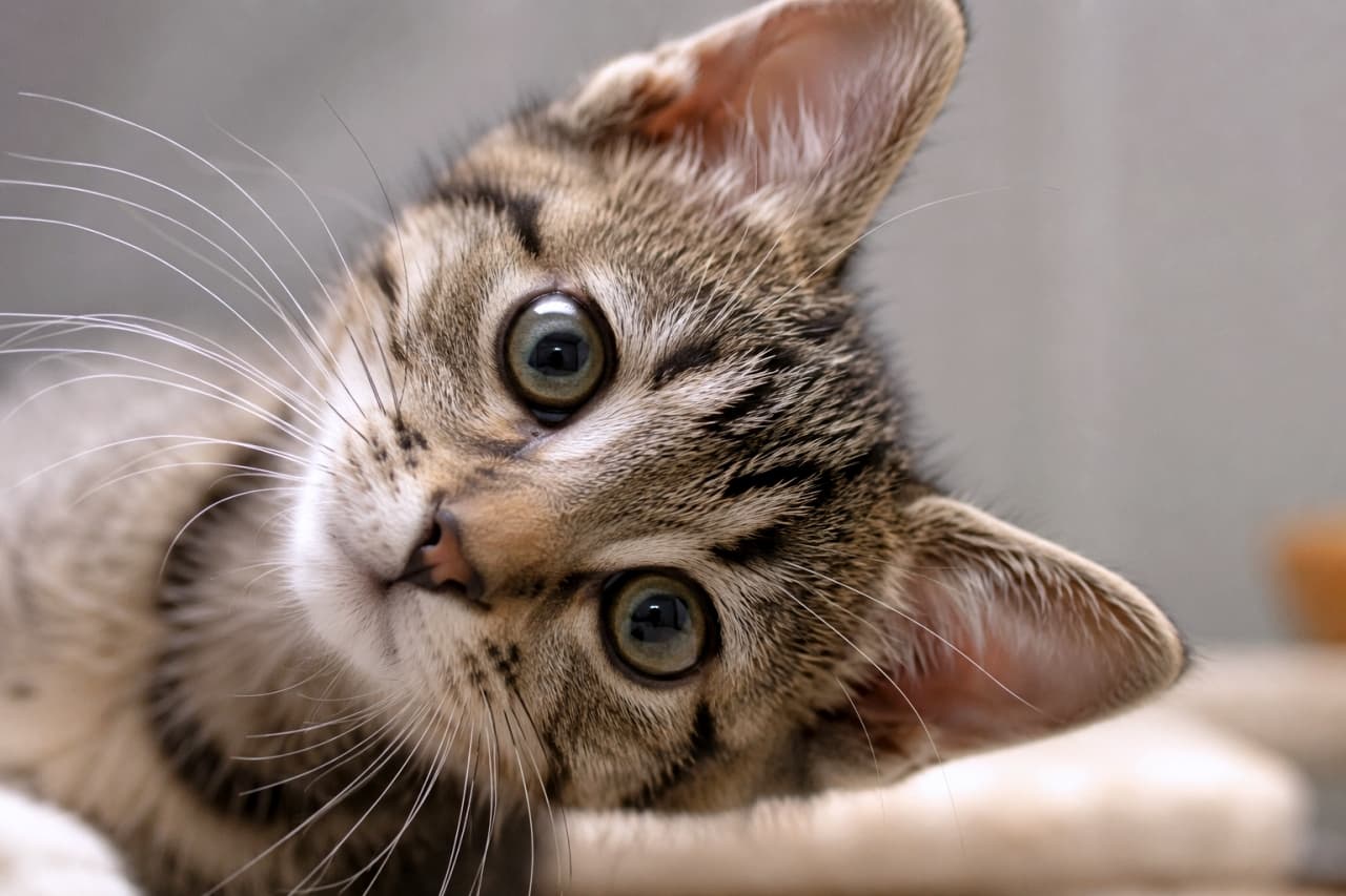 「「なになに〜？」と大きく首をかしげる姿が反則級の可愛さ！好奇心いっぱいのキジトラ子猫ちゃんです💕」Ultra-realistic high-quality photograph of a brown tabby kitten tilting its head significantly to the side. The image captures its wide hazel eyes, prominent whiskers, and curious expression against a soft, blurred white background. 白いふわふわの毛布の上で、大きく首を右に傾けてこちらを見つめるキジトラ子猫の接写写真。真ん丸に見開かれたヘーゼルカラーの瞳、ピンと張ったヒゲ、そして好奇心旺盛な表情が、背景の柔らかなボケ味とともに豊かに表現されています