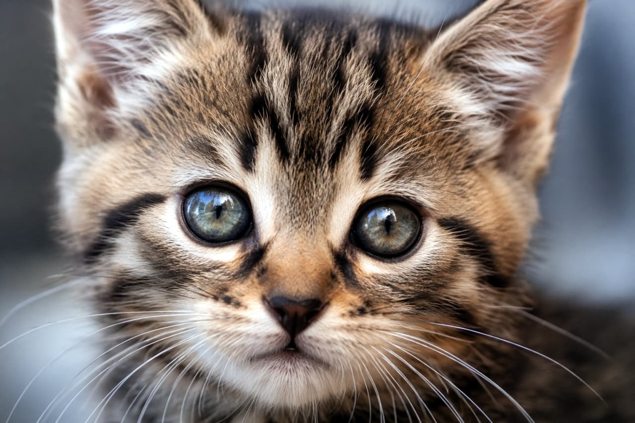 「じーっと見つめ合う特別な時間！エメラルドグリーンの瞳が美しいキジトラ子猫のドアップ顔です🐈🐾」Ultra-realistic high-quality photograph featuring an extreme close-up of a brown tabby kitten staring intensely. The sharp focus details its deep emerald green eyes reflecting a window, strong forehead stripes, and plump muzzle under crisp lighting. 真正面から強烈な視線を送るキジトラ子猫の超接写写真。深いエメラルドグリーンの瞳に反射する窓枠のシルエット、額の力強い縞模様、そして口元のぷっくりとしたマズル部分が、冷たさを感じるシャープな光の中で克明に描写されています