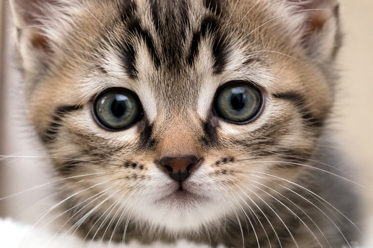 「そんなにじーっと見つめられたら照れちゃう！おでこのM字も完璧なキジトラ子猫のドアップショット📸💕」Ultra-realistic high-quality photograph of a brown tabby kitten staring directly at the camera from the front. The close-up perfectly highlights its distinct M-shaped forehead marking, large dark green eyes, and brick-red nose in warm indoor lighting. 白い毛布のような柔らかい素材の上に顎を乗せ、真正面からカメラを見つめるキジトラ子猫の接写写真。額の鮮明なM字模様、深いダークグリーンの大きな瞳、そしてレンガ色のお鼻が、温かみのある室内光の中で非常にシャープかつシンメトリーに描写されています
