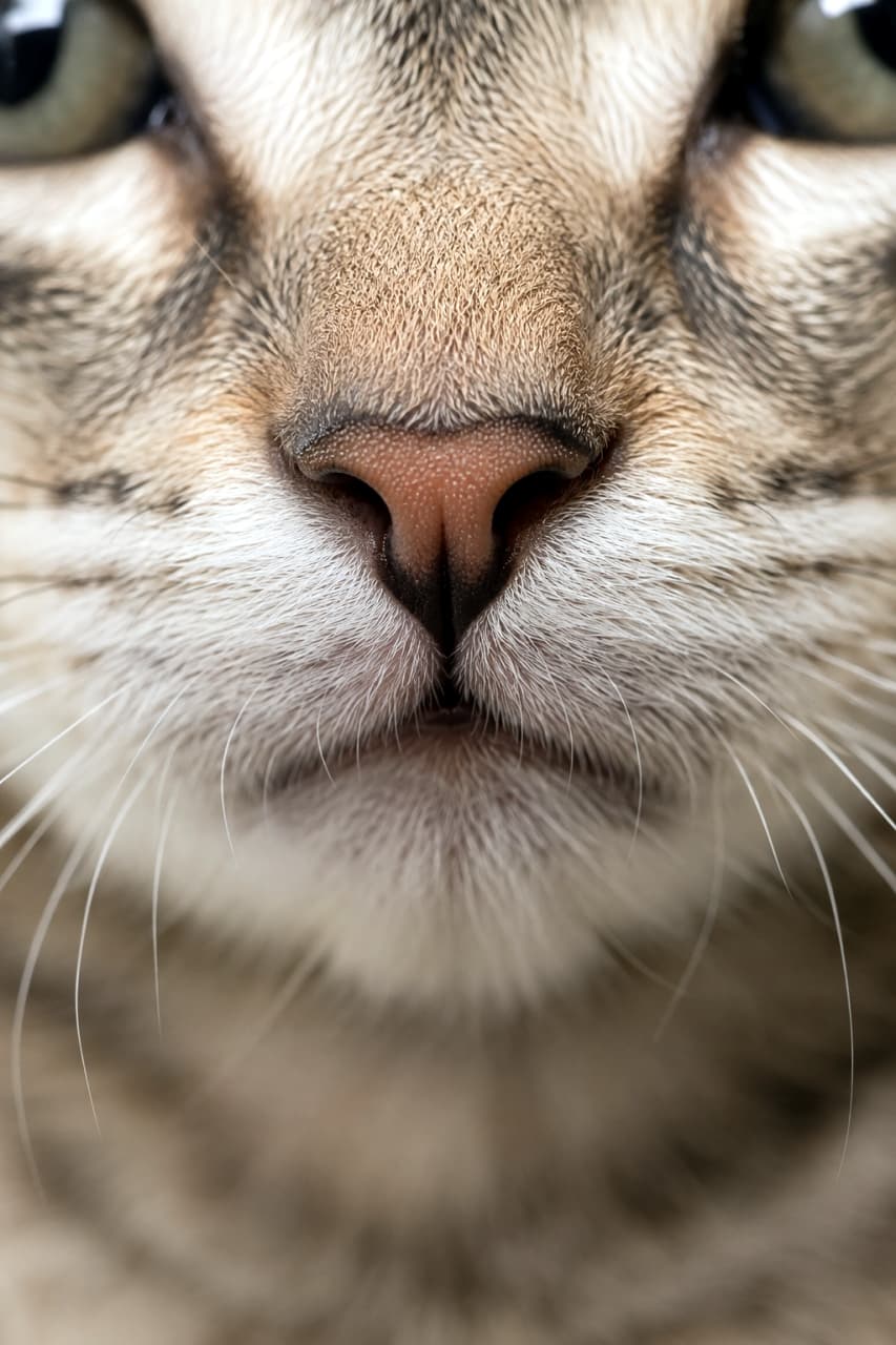 「猫好き必見の超マニアックアングル！お鼻のぷっくり感とヒゲの根元までくっきり見える奇跡の一枚です✨」Ultra-realistic high-quality macro photograph focusing entirely on a cat's nose and whisker pad. The extreme close-up reveals the incredible texture of its salmon-pink nose, the gradient of short dense fur, and the individual bases of its thick whiskers. 猫の鼻先と口元（ウィスカーパッド）に極限までフォーカスした超マクロ写真。しっとりとしたサーモンピンクのお鼻の表面の質感、密集した短い被毛のグラデーション、そして太いヒゲの根元一つひとつが、驚異的な解像度で克明に描写されています