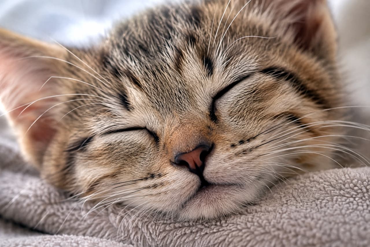 「スヤスヤ眠る無防備な寝顔に癒やし効果MAX！ずっと見守っていたいキジトラ子猫の夢の時間🌙✨」Ultra-realistic high-quality photograph of a sleeping brown tabby kitten resting its face on a soft beige blanket. The extreme close-up highlights its peacefully closed eyes, relaxed pink nose, and fluffy fur, creating a warm and tranquil atmosphere. 柔らかなベージュの毛布に顔を埋めてスヤスヤと眠る、キジトラ子猫の寝顔の接写写真。穏やかに閉じた目元、リラックスしたピンク色のお鼻と口元、そしてふんわりとした被毛の質感が、静かで温かな雰囲気の中で高精細に捉えられています