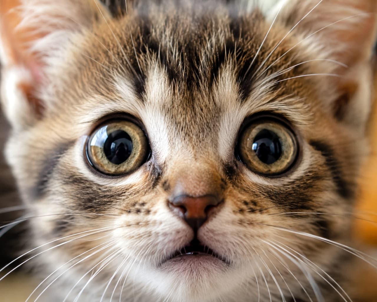 「「えっ、ほんとに！？」と声が聞こえてきそうなお顔！目をまん丸にして驚く子猫ちゃんの表情が最高です🐾」Ultra-realistic high-quality photograph featuring an extreme close-up of a brown tabby kitten with a surprised expression. The macro shot details its wide, glowing hazel eyes with bright catchlights and slightly open mouth against a warm, blurred background. 目をまん丸に見開き、ほんの少し口を開けて驚いたような表情を見せるキジトラ子猫の顔の超接写写真。キャッチライトが輝く大きなヘーゼルカラーの瞳と、ピンと張ったヒゲが、暖色系のボケた背景から浮き上がるようにダイナミックに捉えられています