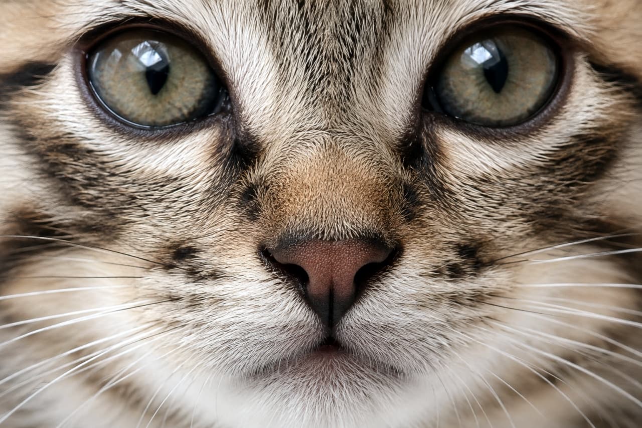 「小さなトラがここにいる！瞳に映る景色や毛の一本一本まで見逃せない、大迫力のキジトラマクロショット🐅」Ultra-realistic high-quality photograph showcasing a highly symmetrical extreme macro of a brown tabby cat's eyes and nose. The intense close-up highlights its wild tiger-like markings, intricate fur details, and vivid green eyes reflecting a window. 画面いっぱいにキジトラ猫の両目と鼻を配置した、左右対称の極近接マクロ写真。野生のトラを思わせる力強い被毛の模様、窓の景色が鮮明に反射するグリーンの瞳、そして緻密な毛並みが、圧倒的なシャープさと迫力で捉えられています