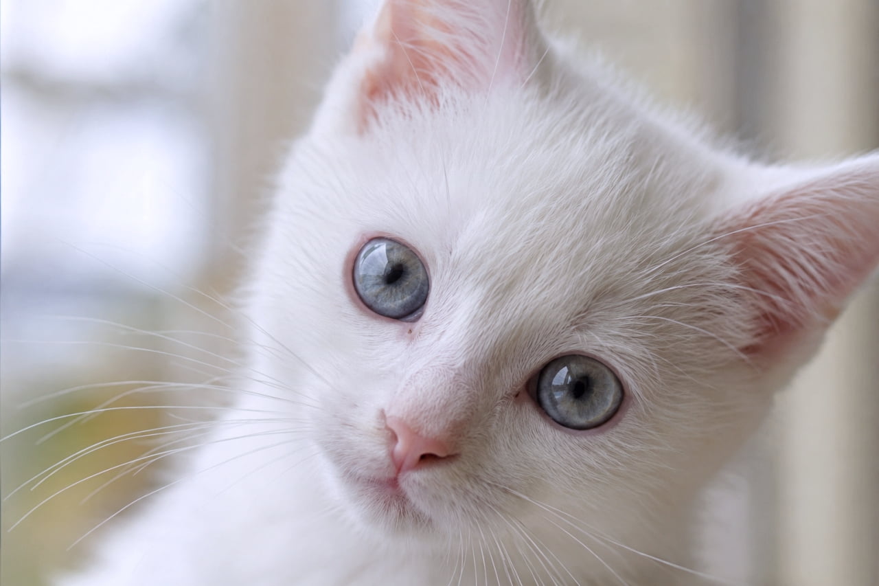「小首をかしげる姿に心奪われる！透き通るようなブルーの瞳が美しい、真っ白な子猫ちゃんの神ショット📸✨」Ultra-realistic high-quality photograph of a pure white kitten tilting its head slightly. The close-up beautifully details its clear blue eyes, soft pink nose and ears, and fluffy white fur illuminated by soft, natural window light, creating a highly transparent and fresh atmosphere. 少し首を傾げてカメラを見つめる、純白の被毛を持つ白猫の子猫の接写写真。透き通るような美しいブルーの瞳、ほんのりピンク色に染まった鼻と耳の内側が印象的です。窓際のような明るく柔らかい光が白毛のフワフワ感を際立たせ、透明感あふれる爽やかな情景を作り出しています
