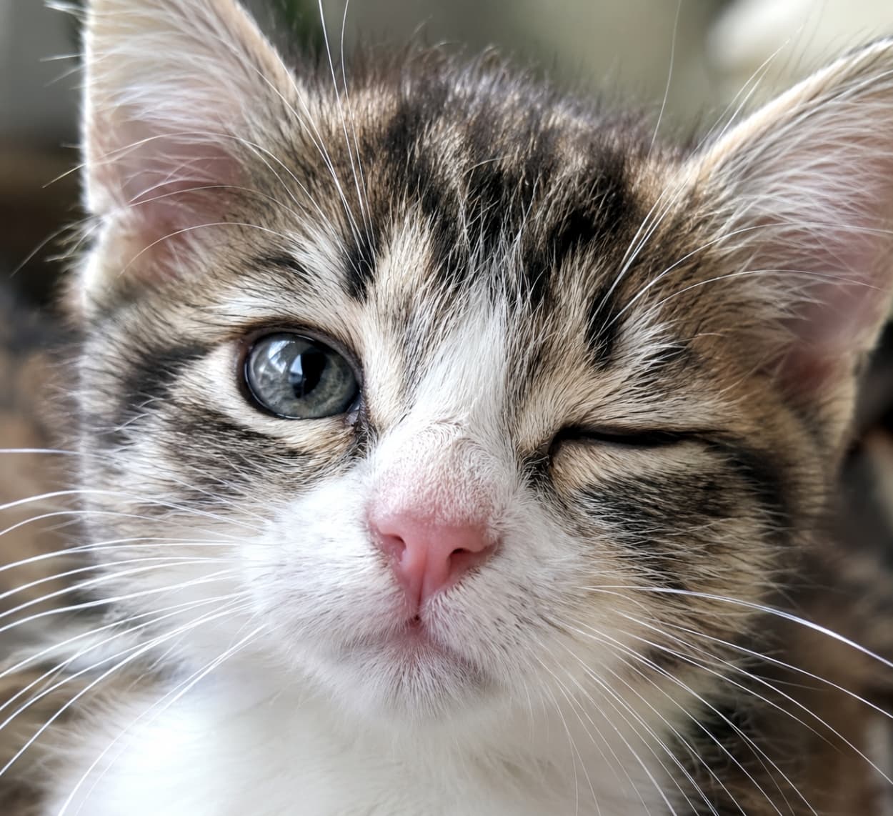 「完璧なウインクに心撃ち抜かれる！お茶目な表情で見つめてくるキジ白子猫ちゃんにメロメロです😉💕 #子猫 #キジ白 #ドアップ」Ultra-realistic high-quality photograph of a tabby and white kitten captured mid-blink, appearing to wink perfectly. The extreme close-up details its clear blue-grey eye, soft pink nose, and fluffy fur under soft natural lighting. 左目を開き右目を閉じた、見事なウインクを披露するキジ白（タビー＆ホワイト）の子猫の超接写写真。透明感のあるブルーグレーの瞳、淡いピンク色のお鼻、そして口元や額のふわふわとした緻密な被毛が、柔らかな自然光の下で驚くべき解像度で克明に描写されています