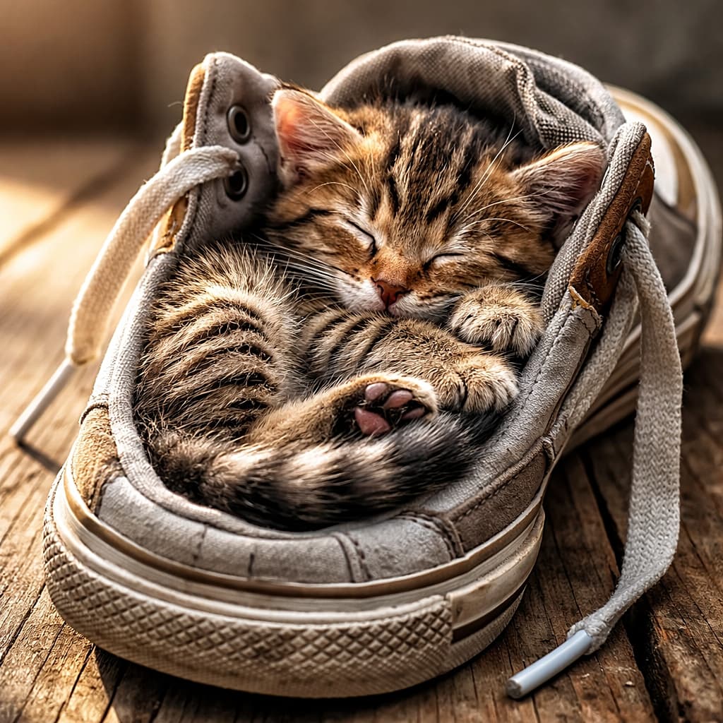 「ぬくもり密度120％。顔面どアップで悶絶注意」A close-up of a tabby kitten sleeping snugly inside a beige sneaker, detailed fur texture highlighted by warm sunlight, soft wooden background, high-resolution photorealistic image. ベージュのスニーカーの中で安心しきって眠るキジトラ子猫のクローズアップ。暖かな光に照らされ、毛並みの質感が際立つ高解像度フォトリアル画像