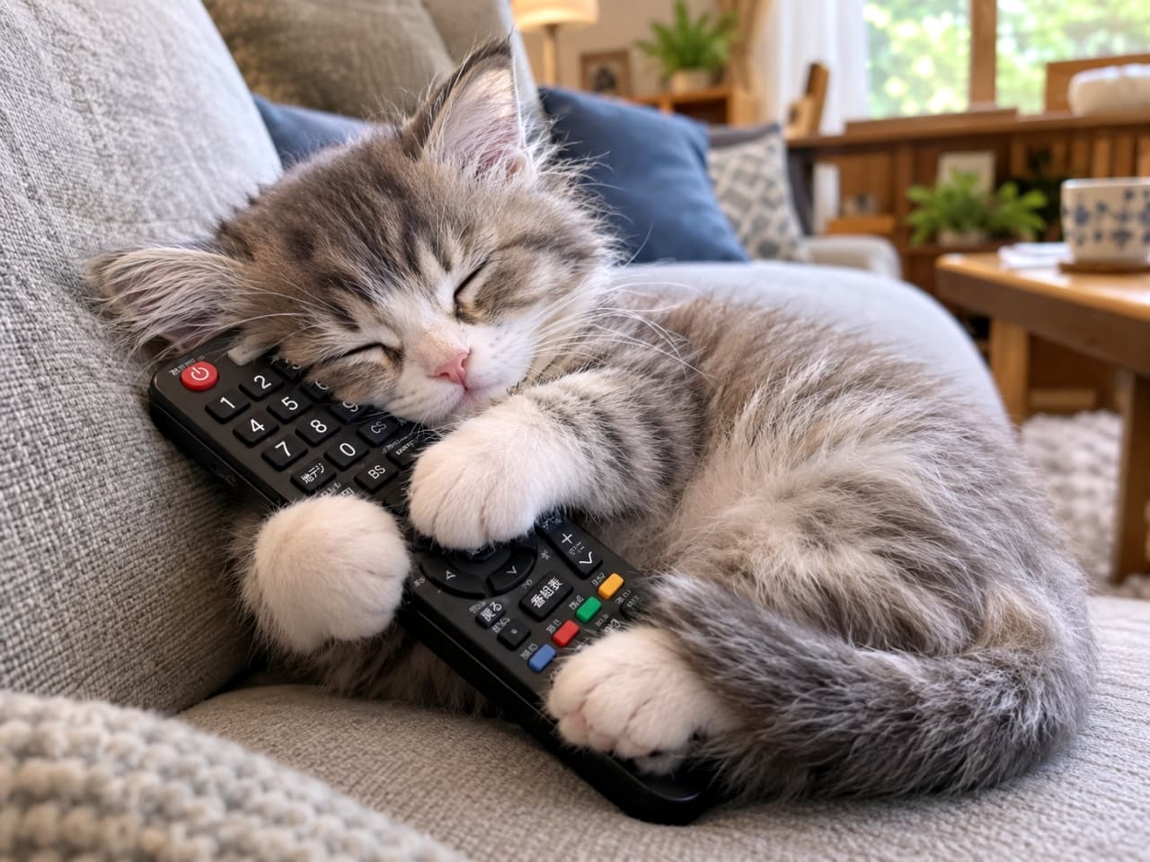 「チャンネル権は絶対に渡さないにゃ🐾 リモコンを抱きしめたまま寝落ちしちゃった姿がたまらないね📺💕」Ultra-realistic high-quality photograph of a fluffy silver tabby and white kitten sleeping on a grey sofa, tightly hugging a black TV remote control with both paws. The kitten's long fur, beautiful silver stripes, and pink nose are sharply detailed against a softly blurred, cozy living room background. 温かみのあるグレーのソファの上で、黒いテレビのリモコンを両前足でしっかりと抱きしめながら眠る長毛のサバトラ白子猫。ノルウェージャンフォレストキャットのような豊かな飾り毛、美しいシルバーの縞模様、ピンクの鼻先がリアルに表現されています。背景には観葉植物や木製家具がぼけ味で配置され、穏やかなリビングの空気が伝わります