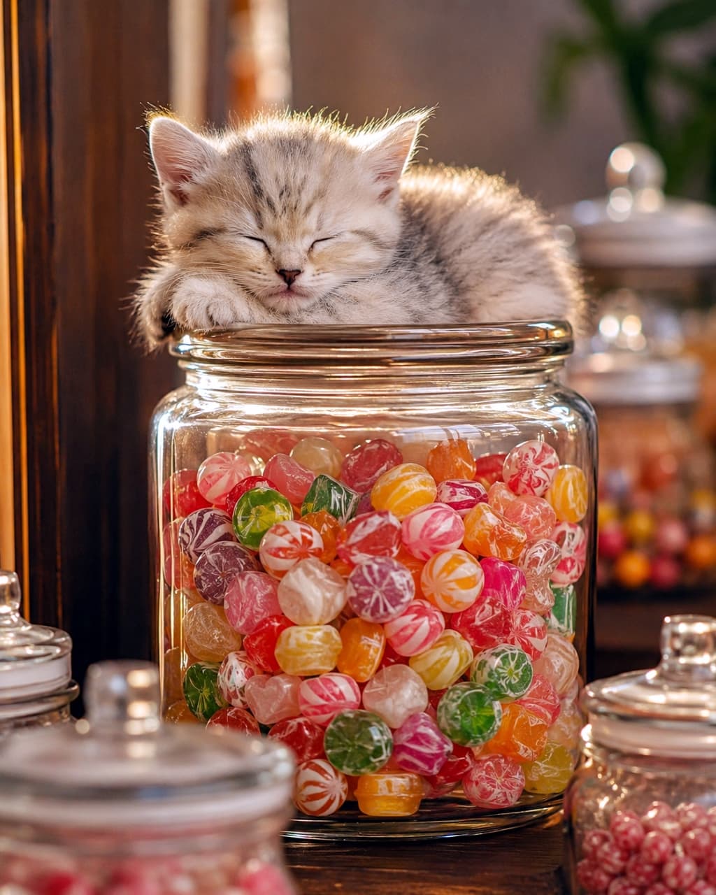 「甘〜いキャンディがいっぱいの瓶の上でスヤスヤ🍬✨ 夢の中までカラフルでスイートな味がしそうだね🍭🐈」Ultra-realistic high-quality photograph of a fluffy silver tabby kitten sleeping on the lid of a glass jar filled with colorful traditional hard candies. The kitten's long, soft fur is backlit by warm light, creating a halo effect. The background features delicately blurred antique sweet jars, adding a retro charm. 色鮮やかな昔ながらのドロップキャンディがぎっしり詰まったガラス瓶の蓋の上で、器用に丸まって眠る長毛のサバトラ子猫。チンチラペルシャのようなフワフワの銀色の被毛が、背後からの暖かな光を受けて天使の輪のように輝いている。背景には他のスイーツ瓶がレトロでおしゃれなボケ感を添えている