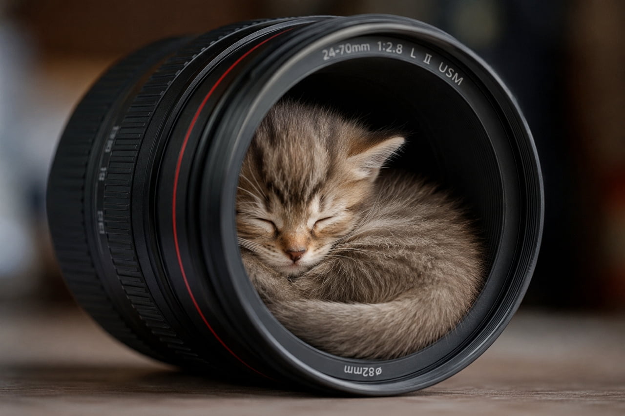 「大きなカメラレンズが最高のベッドに早変わり📷💤 安心しきった寝顔とモフモフ感に癒される一枚です🐾✨」Ultra-realistic high-quality photograph of a fluffy brown tabby kitten sleeping curled up securely inside a large, black camera lens. The kitten's soft brown and black striped fur and peaceful sleeping face create a beautiful contrast with the mechanical texture and markings of the lens. The wooden table and softly blurred, warmly lit background establish a calm and cozy atmosphere. 黒く重厚なカメラの交換レンズ（24-70mm）の中にすっぽりと入り込み、丸くなってスヤスヤと眠る長毛のキジトラ子猫。柔らかなブラウンと黒の縞模様の被毛、安心しきった無防備な寝顔が、無機質なレンズのガラス面やメカニックな印字と美しいコントラストを描いている。木のテーブルの質感と、背景の温かなボケ味が穏やかな空間を演出