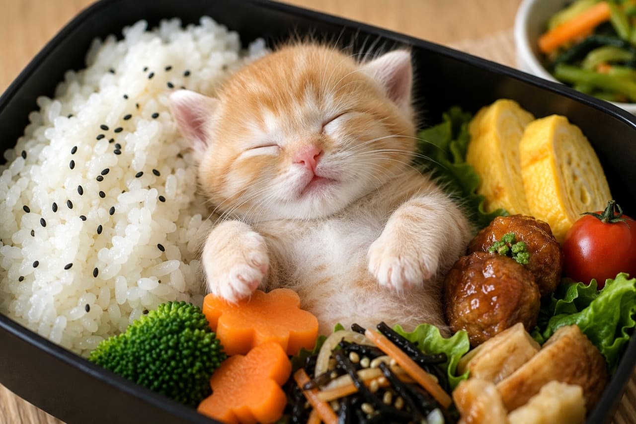 「今日のお弁当のメインおかずは…お昼寝中の子猫ちゃん！？🍱🐾 起こすのがもったいなくて食べられないね🤤💕」Ultra-realistic high-quality photograph of a ginger tabby kitten sleeping on its back inside a black bento box filled with colorful side dishes like white rice, rolled omelet, meatballs, flower-shaped carrots, and broccoli. The kitten's bright orange and white soft fur, pink nose, and defenseless pose with its front paws spread out are extremely adorable, blending perfectly with the appetizing food. 白米、卵焼き、ミートボール、お花の形のにんじん、ブロッコリーなどのおかずが彩り豊かに詰められた黒いお弁当箱の中で、仰向けになってぐっすり眠る茶トラの子猫。明るいオレンジと白の柔らかな被毛、ピンク色の鼻先、両前足をバンザイのように広げた無防備なポーズが非常に愛らしい。美味しそうなおかずと子猫の温もりが見事に調和している