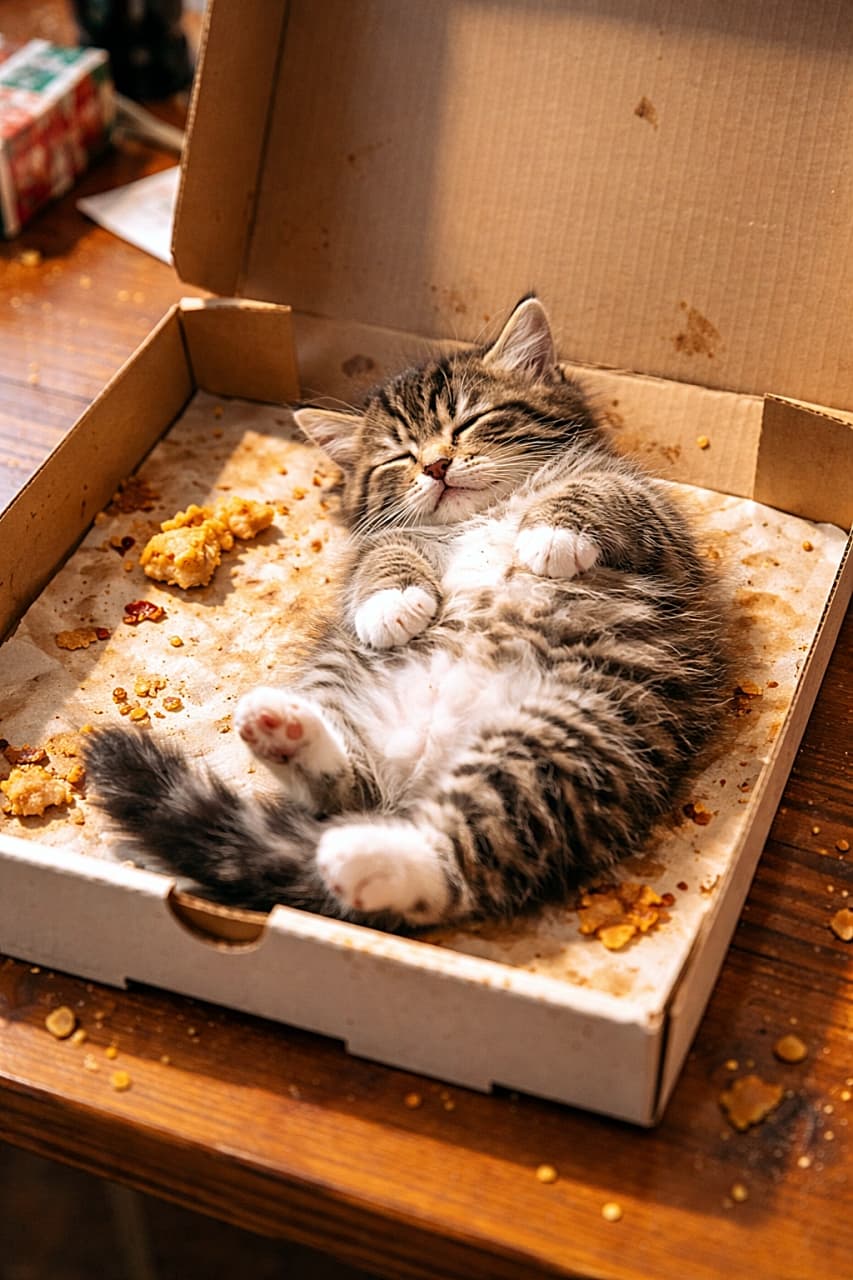「ピザより主役感！箱ごと独占の爆睡にゃん🍕」A fluffy tabby kitten sleeping on its back inside an open pizza box, surrounded by crumbs and leftover pieces, on a wooden table. Photorealistic, high resolution. 木製テーブルの上に置かれた開いたピザ箱の中で、食べかけのピザのかけらやパンくずに囲まれながら、お腹を見せて仰向けに眠るふわふわのキジトラ子猫。フォトリアル、高解像度