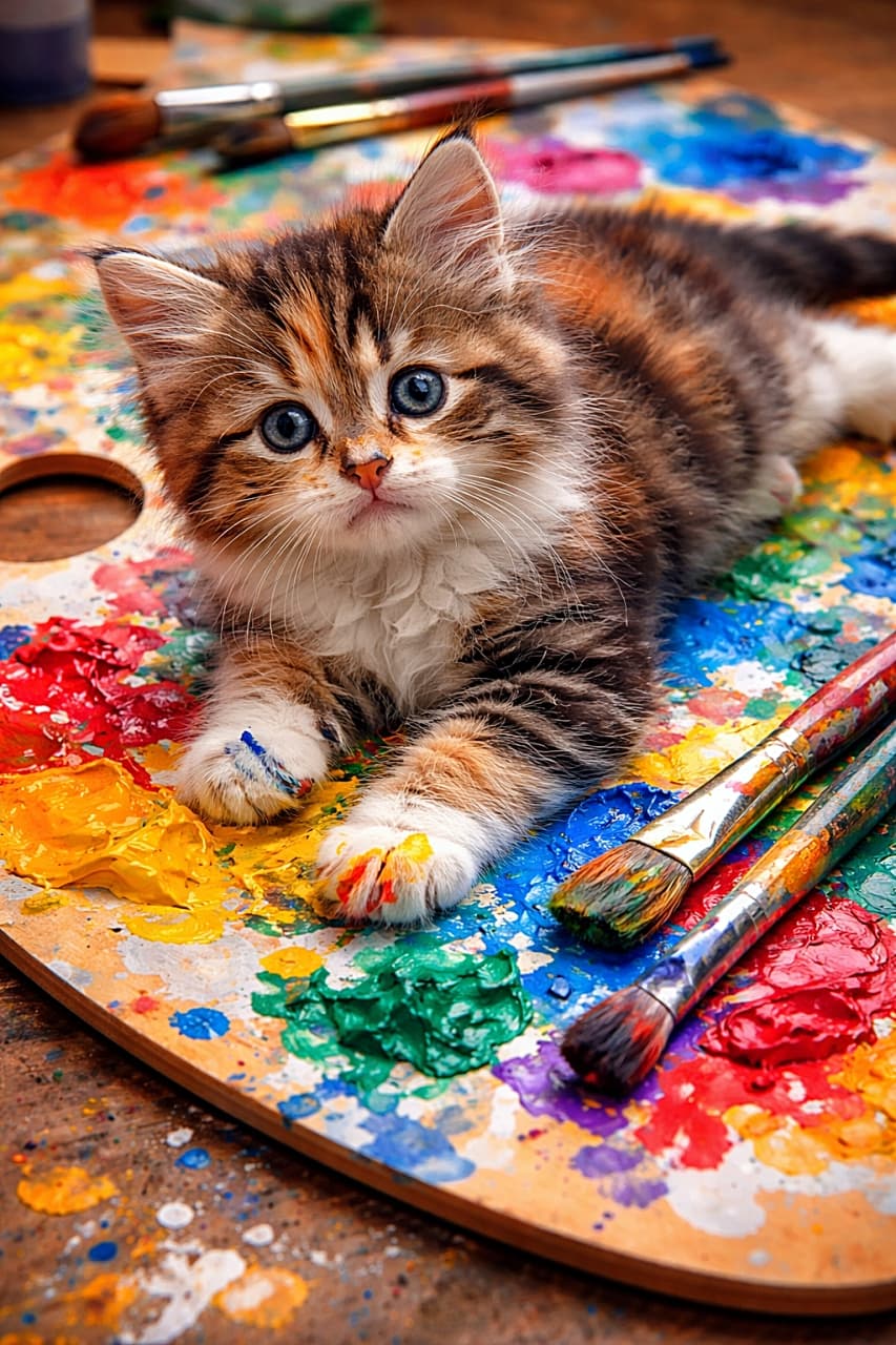 「芸術は爆発だにゃ？🎨カラフルパレットでくつろぐ小さな天才画伯🐾」Photorealistic kitten lying across a painter’s palette covered in bright, multicolored paint, with paint brushes nearby and colorful paint on its paws. 鮮やかな絵の具で彩られたパレットの上に寝そべる子猫。近くに筆があり、前足にはカラフルな絵の具がついているフォトリアルな写真