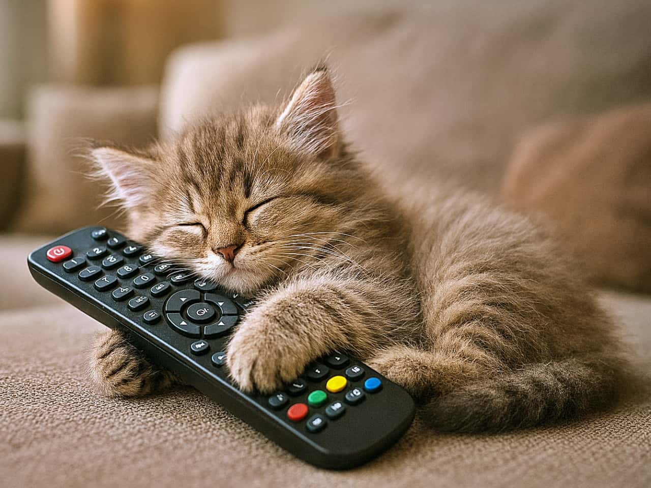 「リモコンぎゅっ…夢のチャンネルはお昼寝モード！」A fluffy tabby kitten with closed eyes sleeps curled up on a beige sofa, gently hugging a black TV remote control with its front paws. The remote is slightly larger than the kitten’s head, with colorful buttons clearly visible. Soft natural light from a nearby window highlights the kitten’s detailed fur. The background shows a cozy, blurred living room with cushions. ふわふわのトラ柄子猫が目を閉じてベージュのソファで丸くなって眠り、前足で黒いテレビのリモコンを優しく抱えています。リモコンは子猫の頭より少し大きく、カラフルなボタンがはっきり見えます。近くの窓から差し込む柔らかな自然光が毛並みを美しく照らし、背景にはクッションがあるぼんやりとした暖かいリビングが映っています