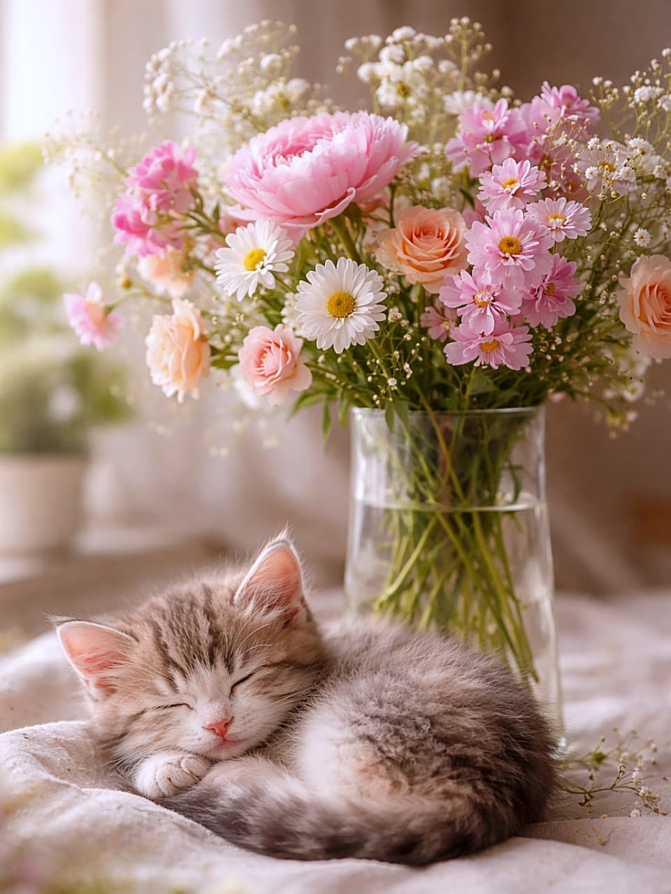 「お花のそばで夢の中。春色に包まれる小さな寝顔💤」A fluffy kitten sleeping curled up on soft linen beside a tall glass vase filled with pink and white flowers, warm natural light, soft focus, photorealistic. 柔らかなリネンの上で丸くなって眠る子猫。ピンクと白の花が生けられた背の高いガラス花瓶の横、暖かな自然光に包まれたフォトリアルな一枚