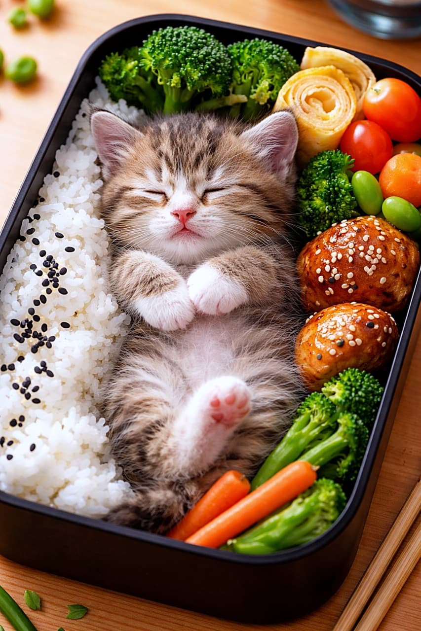 「本日の主役はごはんじゃなくて肉球です🐾「ねこ弁当コレクション」」A photorealistic kitten sleeping peacefully inside a bento box, nestled between white rice and colorful vegetables, paws tucked and eyes closed. 白ごはんと彩り野菜の間で丸くなって眠る子猫。お弁当箱の中に収まったフォトリアルな一枚
