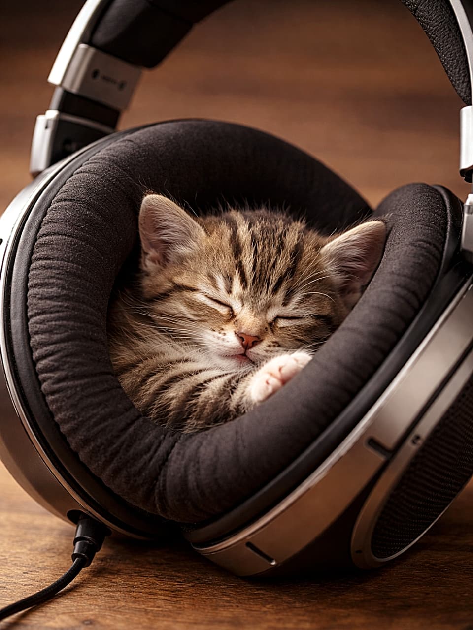 「音に包まれてすやすや…ヘッドホンが最高のベッドに♪」A photorealistic high-resolution image of a sleeping tabby kitten curled up inside the circular ear pad of large over-ear headphones on a wooden surface. 木製テーブルの上に置かれた大型ヘッドホンの丸いイヤーパッドの中で丸くなって眠るキジトラの子猫のフォトリアル高解像度画像