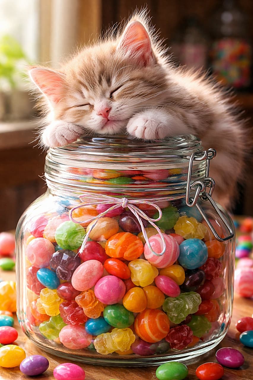 「甘い夢見てる？キャンディ瓶の上でおやすみ中のふわふわ天使🍬🐾」A fluffy orange-and-white kitten sleeping peacefully on top of a glass jar filled with colorful candies, lit by soft natural light in a high-resolution photorealistic scene. 色とりどりのキャンディが詰まったガラス瓶の上で、ふわふわの茶白の子猫が気持ちよさそうに眠っている高解像度のフォトリアルな写真
