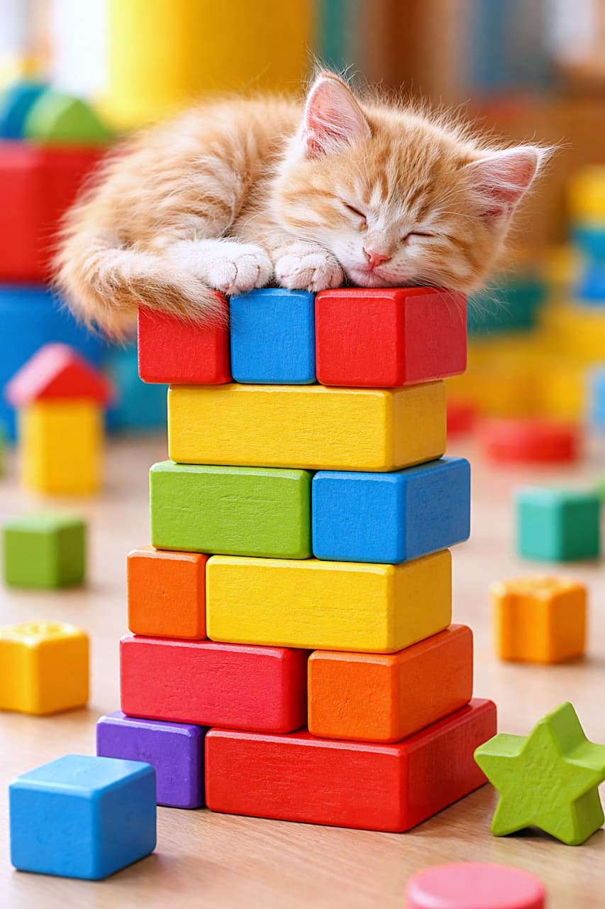 「まさかの頂上お昼寝タイム。バランス王子、夢の中💤」A fluffy orange tabby kitten sleeping peacefully on top of a tall stack of colorful wooden blocks, bright tones, shallow depth of field, photorealistic. カラフルな木製ブロックを高く積み上げた上で、気持ちよさそうに眠るふわふわの茶トラ子猫。明るい色調のフォトリアルな写真