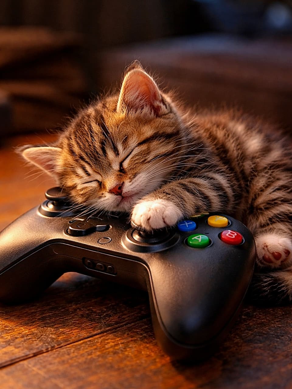 「コントローラー占拠中。今日のボスはこの子です💤」A tiny tabby kitten sleeping peacefully on top of a black video game controller, warm lighting, detailed fur texture, photorealistic and high resolution. 黒いゲームコントローラーの上で気持ちよさそうに眠る小さなキジトラの子猫。温かみのある光と毛並みの質感が印象的な高解像度フォトリアル画像