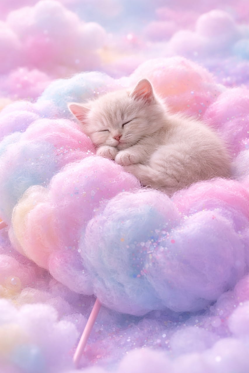 「雲わたあめでお昼寝中。甘い夢、製造中☁️🐾」A tiny cream-colored kitten sleeping peacefully on a giant pastel cotton candy shaped like a fluffy cloud, photorealistic, high resolution, soft dreamy lighting. パステルカラーの雲の形をした巨大なわたあめの上で、クリーム色の子猫が気持ちよさそうに眠っているフォトリアルな高解像度画像