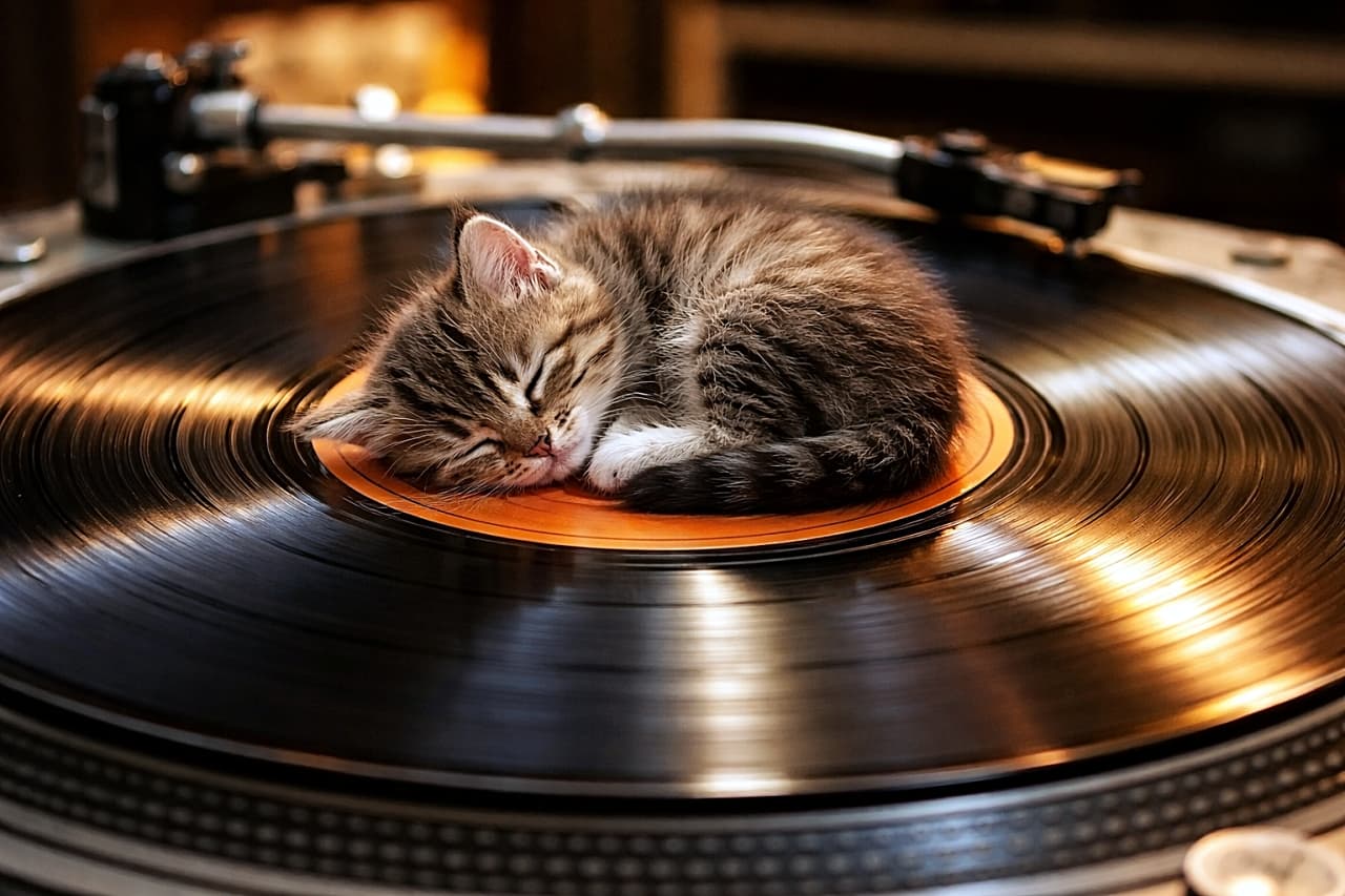 「くるくる回る音の海で、すやすや夢の中🐾🎶」A photorealistic image of a tiny tabby kitten sleeping peacefully at the center of a slowly spinning vinyl record on a turntable, warm ambient lighting and soft background blur. ターンテーブルでゆっくり回るレコードの中央で、静かに眠る小さなキジトラ子猫のフォトリアルな写真。温かみのある照明と柔らかな背景ぼかし