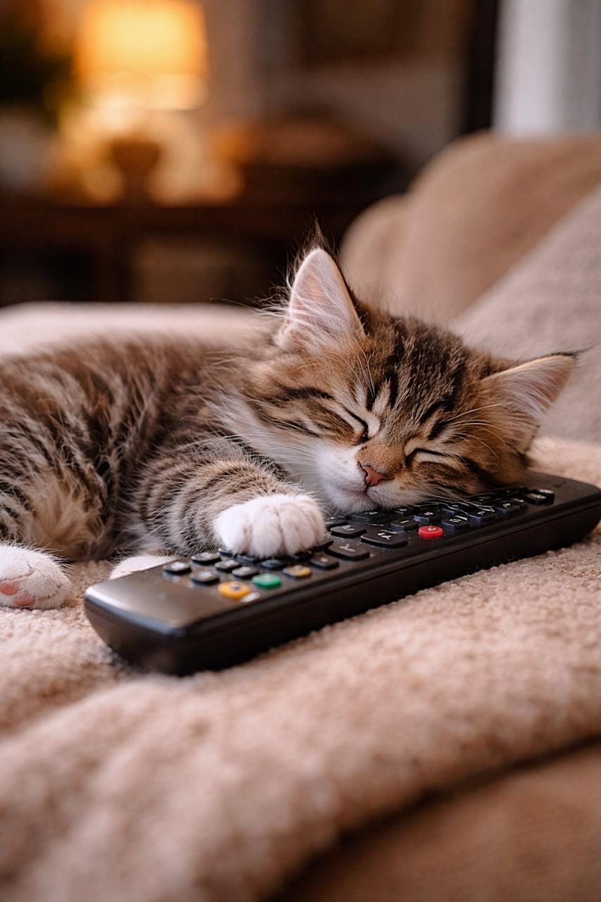 「リモコン占拠中。チャンネル変更は夢の中で🐾」A photorealistic image of a sleepy tabby kitten lying across a black TV remote control on a soft beige blanket, bathed in warm, cozy indoor light with a softly blurred background. 暖かみのある室内光の中、柔らかいベージュのブランケットの上で黒いテレビリモコンを抱えるように眠るキジトラの子猫のフォトリアル画像