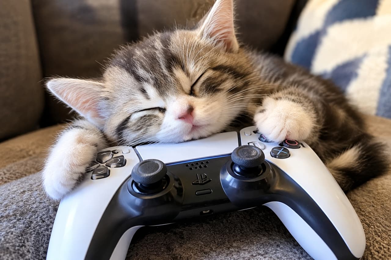 「飼い主さんのゲームの邪魔をしてたら寝落ちしちゃった🎮🐾 コントローラーは渡さないぞって抱きしめてるね🤭💕」Ultra-realistic high-quality photograph of a silver tabby and white kitten sleeping on its stomach, hugging a modern white and black video game controller with both front paws. The beautiful silver stripes, white muzzle, and pink nose contrast wonderfully with the sleek, inorganic design of the digital device against a grey sofa background. 白と黒のツートンカラーの最新型ゲームコントローラーの上にうつ伏せになり、両前足でしっかりと抱きしめるようにして眠るサバトラ白の子猫。シルバーの美しい縞模様と真っ白な口元、ピンクの鼻先が精細に描かれている。ソファのグレーの布地を背景に、無機質なデジタル機器と柔らかな命の温もりが絶妙な対比を見せている