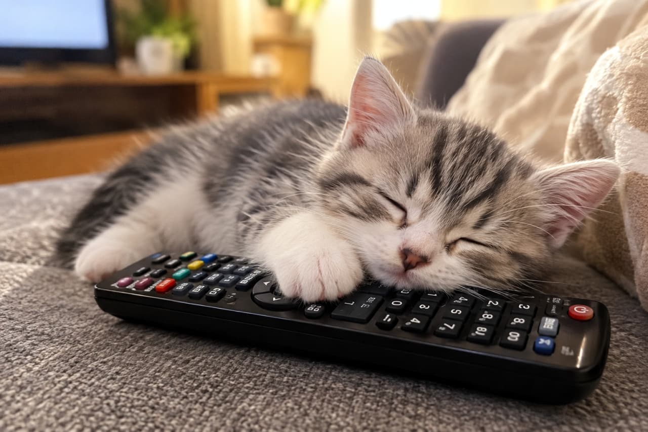 「チャンネル権は絶対に譲りません📺🐾 リモコンに顎を乗せて爆睡中の子猫、可愛すぎてテレビがつけられないね😂」Ultra-realistic high-quality photograph of a silver tabby and white kitten sleeping soundly using a black TV remote control as a pillow on a grey sofa. The beautiful silver and black striped fur, reminiscent of an American Shorthair, and fluffy white paws are captivating, highlighted by soft natural light. グレーのソファの上で、黒いテレビのリモコンを枕代わりにしてぐっすりと眠るサバトラ白の子猫。アメリカンショートヘアを思わせる美しいシルバーと黒の縞模様、ふんわりとした白い前足が魅力的。差し込む柔らかな光が被毛のディテールを際立たせ、日常の穏やかで心温まるリビングの情景を描き出している
