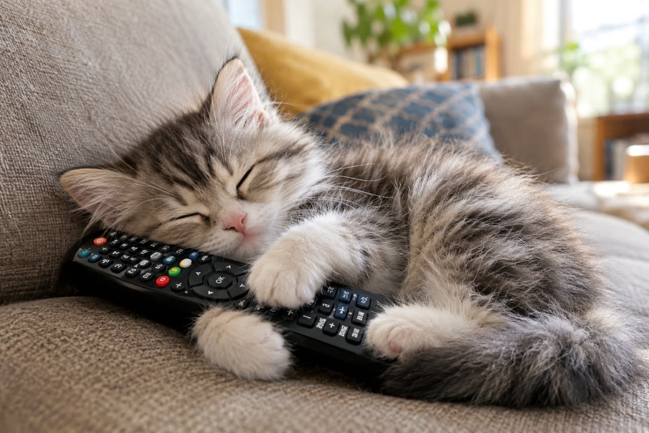 「ぽかぽか陽気のリビングで、リモコンと一緒に夢の中へ💤 安心しきった寝顔に癒されちゃうね☀️🐈」Ultra-realistic high-quality photograph of a long-haired silver tabby and white kitten sleeping on a sofa, gently holding a TV remote control, bathed in warm natural sunlight. The soft silver fur glowing in the light and the completely relaxed sleeping face convey a peaceful, lazy weekend afternoon vibe. 窓から差し込む明るい日差しを浴びて、グレーのソファで黒いテレビのリモコンを大切そうに抱え込んで眠る長毛のサバトラ白子猫。細やかで柔らかなシルバーの被毛が光を受けて輝き、無防備な寝顔と真っ白な前足がリラックスした状態を物語っています。クッションが並ぶ背景が、休日の穏やかな昼下がりを思わせます