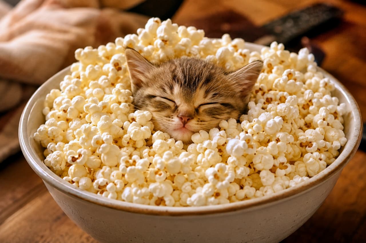 「山盛りポップコーンにすっぽり🍿 映画館の香りに包まれて、どんな美味しい夢を見ているのかな？🎬🐾」Ultra-realistic high-quality photograph of a sleeping brown tabby kitten buried up to its face in a large bowl of white popcorn on a wooden table. The kitten's beautiful striped fur and tiny pink nose are highlighted by warm cinematic lighting that softly illuminates the fluffy textures. 木製のテーブルに置かれた大きなボウルいっぱいの白いポップコーンの中にすっぽりと埋もれ、顔と耳だけを出して心地よさそうに眠るキジトラの子猫。美しいブラウンの縞模様とピンクの小さなお鼻が印象的。暖かみのあるシネマティックな照明が、ふんわりとした毛並みとポップコーンの質感を優しく照らし出しています