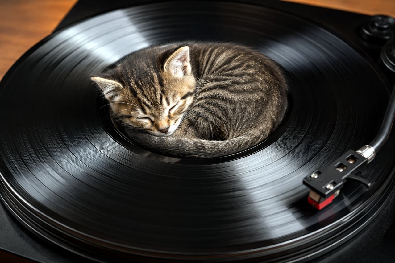 「ターンテーブルの上でスヤスヤレコード針💤 どんな心地よいメロディを聴きながら眠ってるのかな？🎧🐈」Ultra-realistic high-quality photograph of a tabby kitten curled up perfectly in the center of a black, glossy vinyl record. The beautiful contrast between the radial sheen of the record grooves and the kitten's detailed striped fur is striking. A record stylus is visible in the bottom right, and the wooden background creates a calm, vintage atmosphere. 黒く艶やかなアナログレコード盤の中心にぴったりと収まり、綺麗な円を描いて眠るキジトラの子猫。レコードの溝が放つ放射状の光沢と、子猫の細やかな縞模様が美しい対比を生み出している。右下にはレコード針が見え、温かみのあるウッド調の背景がヴィンテージで落ち着いた雰囲気を醸し出している