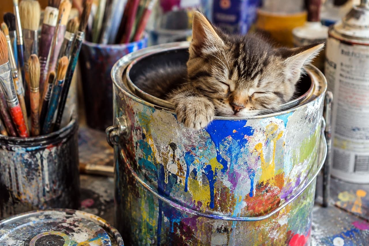 「アトリエのバケツが特等席🎨🖌️ どんなカラフルな夢を見てるのかな？ 一緒にお昼寝したくなっちゃうね💤✨」Ultra-realistic high-quality photograph of a sleeping tabby kitten inside a silver bucket covered in colorful paint drips. The kitten features fluffy brown and black striped fur, tightly closed eyes, and cute paws resting on the rim. The background shows softly blurred paintbrushes and art supplies in a studio setting, with natural light gently illuminating the kitten's silhouette. カラフルなペンキが幾重にも垂れた銀色のバケツの中で、スヤスヤと心地よさそうに眠るキジトラの子猫。ふんわりとしたブラウンと黒の縞模様の被毛、ぎゅっと閉じた目元、フチにちょこんと乗せた前足が愛らしい。背景には絵筆や画材が美しいぼけ味で配置され、アトリエの柔らかな自然光が子猫の輪郭を優しく照らしている