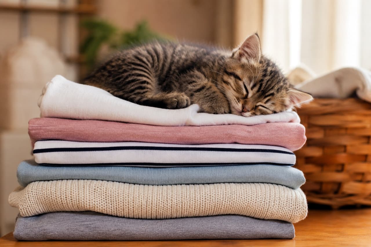 「畳みたてのホカホカ洗濯物は猫ちゃん専用の特等席👕☀️ 気持ちよさそうに寝ててどかせないね😂🐾」Ultra-realistic high-quality photograph of a sleeping tabby kitten on top of a neat stack of folded, colorful laundry. The kitten's fluffy fur and defenseless pose with neatly tucked paws are charming. Soft natural light from a window illuminates the cozy everyday scene, with a blurred laundry basket in the background. 綺麗に畳まれた色とりどりの衣類（ピンク、ボーダー、ブルー、ニットなど）のタワーの一番上で、安心しきった表情で眠るキジトラの子猫。ふんわりとした柔らかそうな被毛と、前足をちょこんと揃えた無防備なポーズが愛らしい。背景にはランドリーバスケットや植物がぼけ味で配置され、窓から差し込む柔らかな自然光が日常の温かさを演出