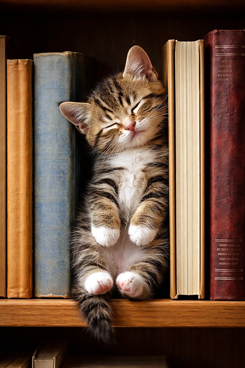 「本に挟まれてスヤスヤ夢の中♪まるでしおりみたいな寝姿が尊すぎる子猫ちゃん💤📚」A tiny tabby kitten sleeping vertically, wedged between books on a wooden shelf, head gently tilted, photorealistic and cozy atmosphere. 本棚の本の間に挟まって縦向きに眠る小さなキジトラの子猫。首をかしげた姿が愛らしい、リアルで温かみのある雰囲気