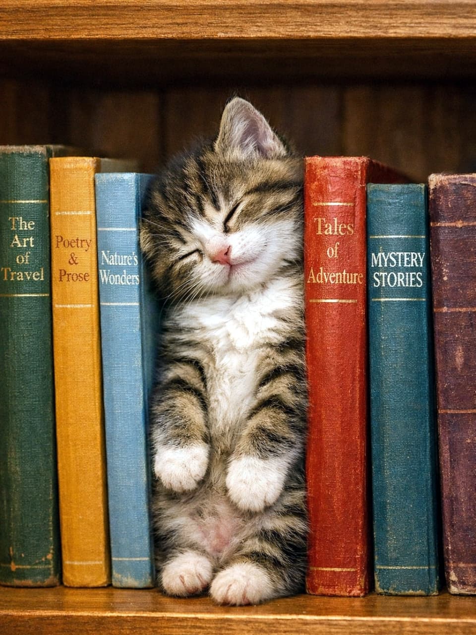 「本のすき間がぴったりサイズ！立ったまま夢の中の子猫さんが可愛すぎる瞬間📚🐾」A tiny kitten sleeping upright while wedged vertically between colorful books on a wooden shelf, head tilted to the side in warm cozy lighting. 木製の本棚でカラフルな本の間に縦に挟まれたまま、頭を横に傾けて眠る小さな子猫の写真。暖かく居心地のよい室内の光