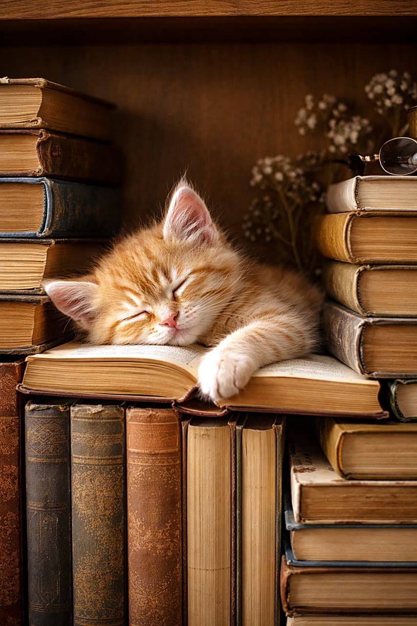 「本に挟まれて夢の中📚読書よりもお昼寝優先な小さな文学少年🐾」A fluffy orange tabby kitten sleeping peacefully between stacked vintage books on a wooden bookshelf, warm cozy lighting, high resolution. 木製の本棚で積み重なった古い本の間に挟まれて気持ちよさそうに眠る茶トラの子猫。あたたかい光に包まれたリアルな高解像度写真