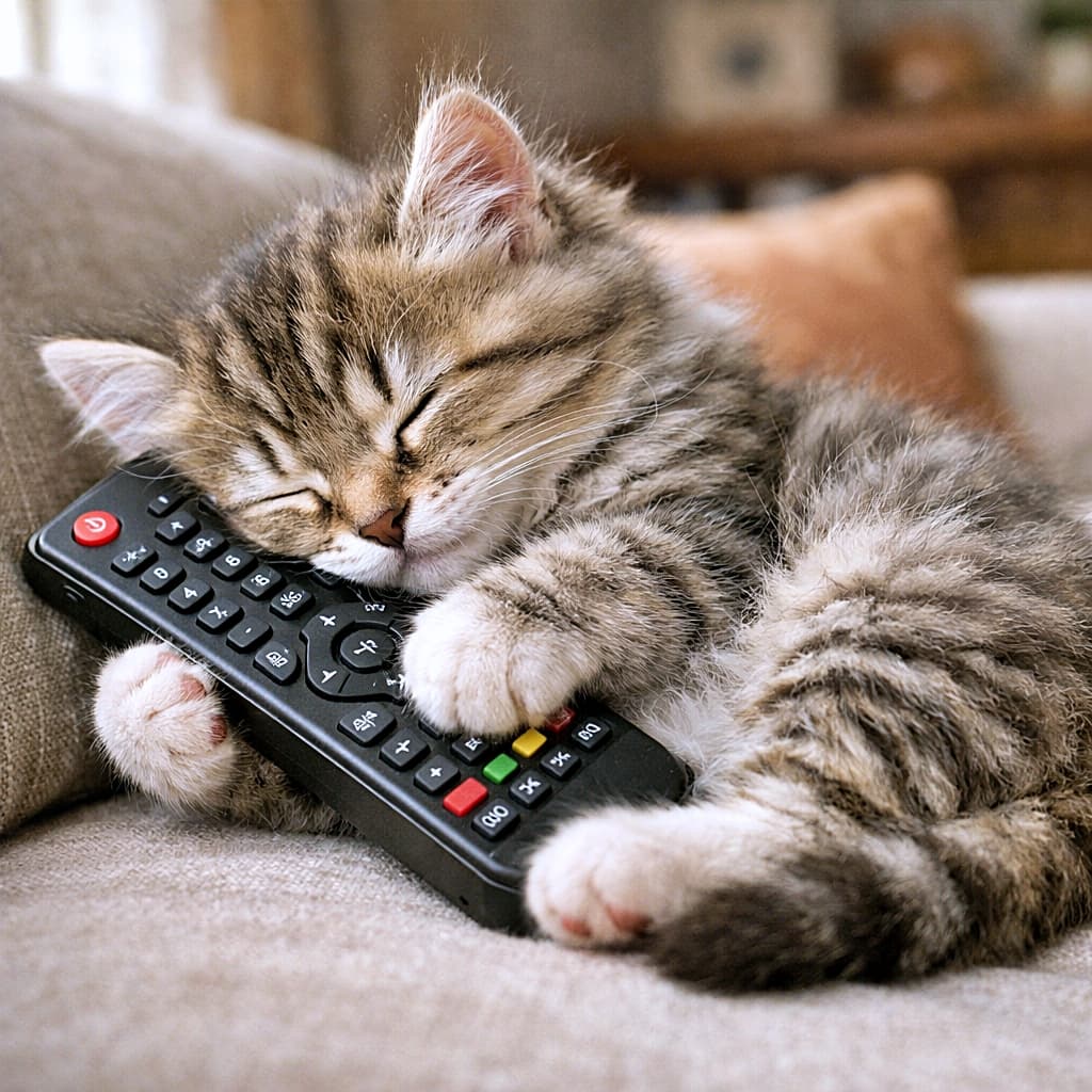 「リモコンは渡さにゃい…💤今日のチャンネル権、完全に子猫が握ってます」A fluffy kitten sleeping peacefully on a living room sofa while gently hugging a TV remote control with its front paws, soft natural light highlighting its fur. リビングのソファで、前足でテレビのリモコンを抱きしめながら、気持ちよさそうに眠るふわふわの子猫
