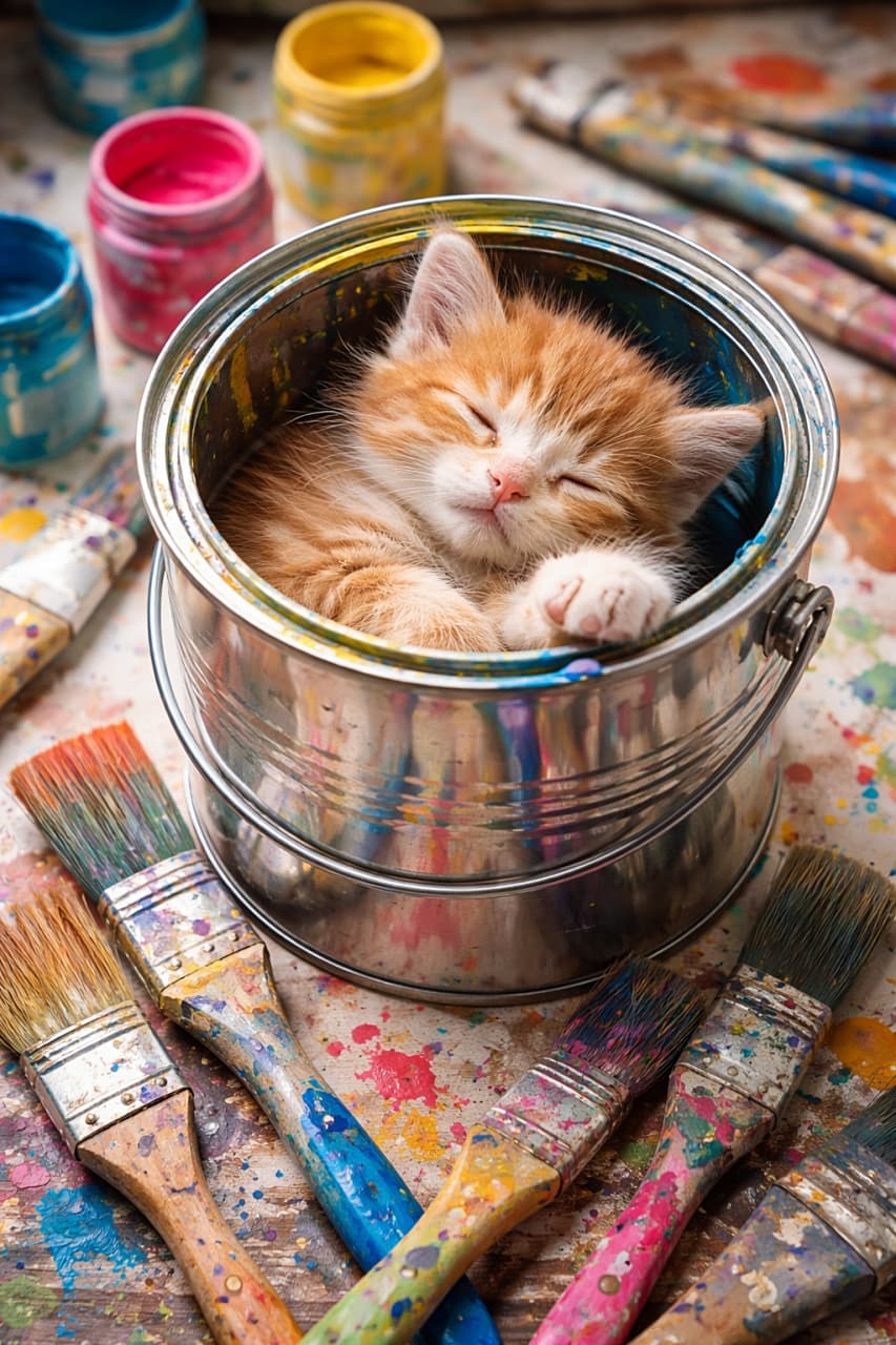 「絵の具缶の中でお昼寝中🎨ちいさな芸術家、充電完了待ち！」A photorealistic high-resolution image of a sleeping orange and white kitten curled inside an open metal paint can, surrounded by colorful paintbrushes and splashes of bright paint on a wooden surface. 開いた金属製ペイント缶の中で丸くなって眠るオレンジと白の子猫。周囲にはカラフルな絵の具が付いた筆と、鮮やかなペイントが飛び散った木製テーブルが広がっている高解像度フォトリアル画像