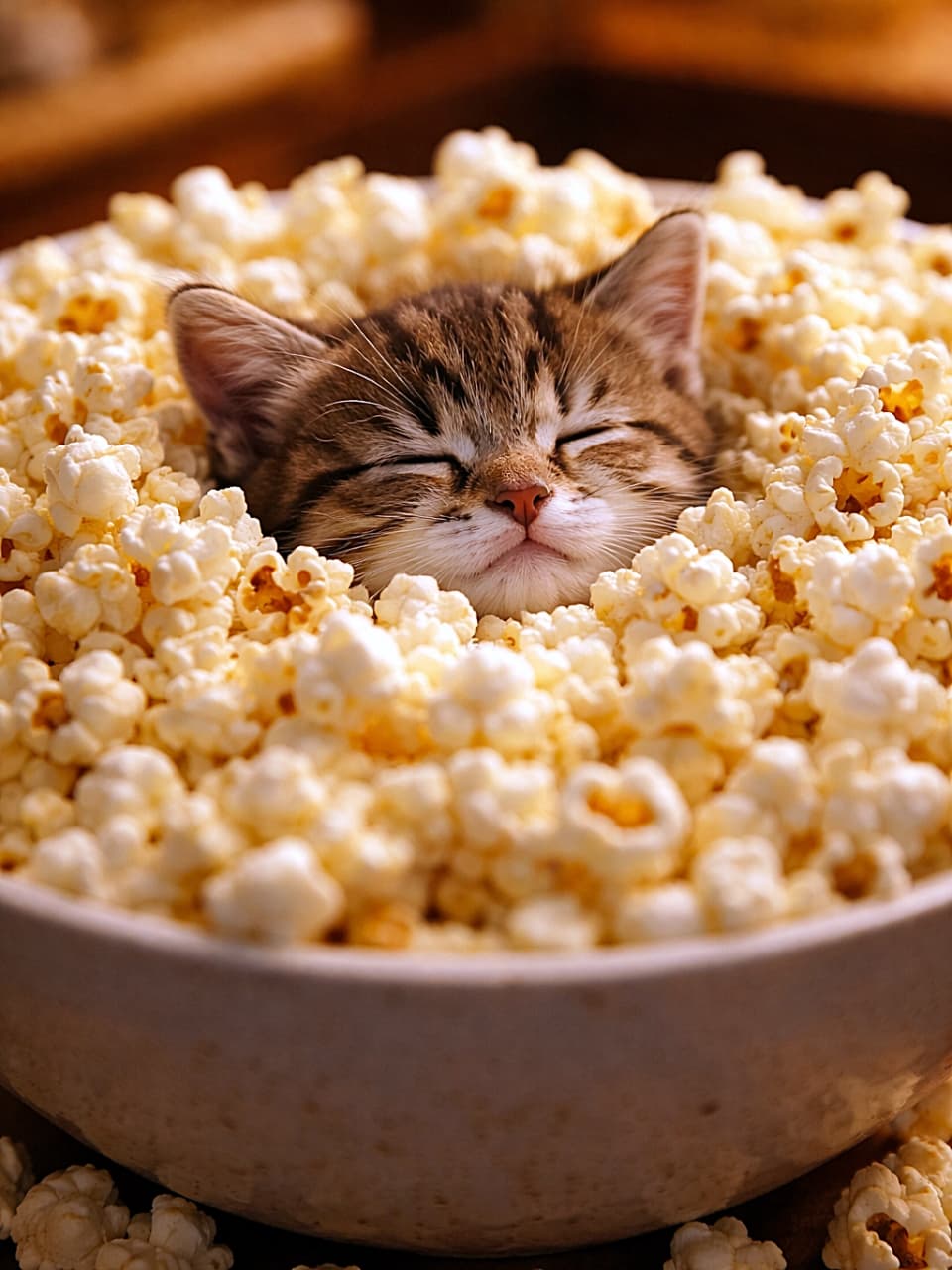 「ポップコーンの海で夢の中…小さな顔だけひょっこり眠り姫🐾」Photorealistic kitten sleeping inside a bowl of popcorn, only its tiny head visible, warm cozy lighting, close-up view. ポップコーンの入ったボウルに埋もれ、顔だけ出して眠る子猫のフォトリアルなクローズアップ写真。暖かみのある照明