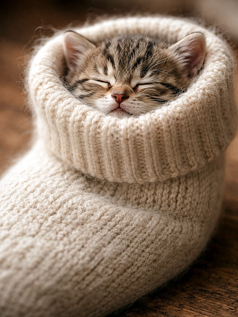 「ぬくぬくソックスで夢の中…顔だけひょっこり天使」A tiny tabby kitten sleeping inside a thick wool sock, its face gently peeking out, eyes closed in peaceful rest, photorealistic close-up with warm soft lighting. 厚手のウールソックスの中で眠る小さなキジトラの子猫。顔だけを少しのぞかせ、暖かな光の中で気持ちよさそうに目を閉じているフォトリアルなクローズアップ写真