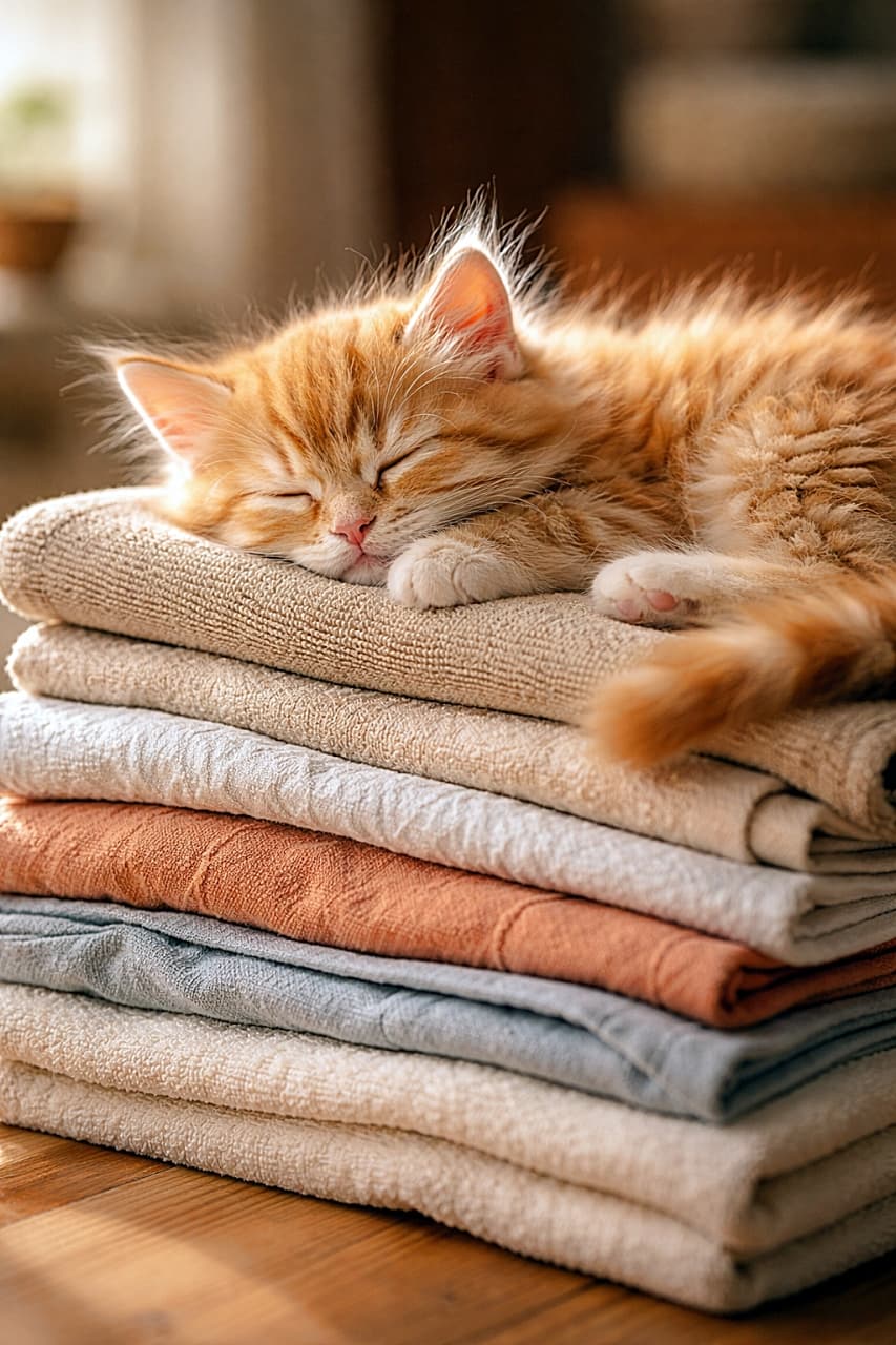 「畳みたては最高のベッドですにゃ☀️🧺」A fluffy orange tabby kitten sleeping peacefully on top of neatly folded laundry in warm, cozy lighting, with soft realistic fur texture and gentle natural tones. 暖かみのある光の中で、きれいに畳まれた洗濯物の上ですやすや眠るふわふわの茶トラ子猫。毛並みの質感がリアルに表現されている