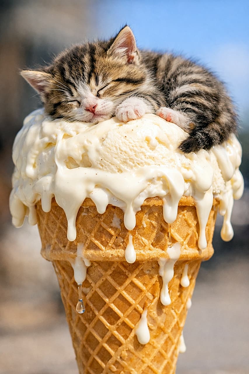 「とろける甘さと、とろける寝顔。真夏のご褒美にゃアイス🍨🐾」A tiny tabby kitten sleeping peacefully on top of a melting scoop of vanilla ice cream in a waffle cone, photorealistic and highly detailed, with creamy drips cascading down the cone. 溶けかけのバニラアイスがのったワッフルコーンの上で気持ちよさそうに眠る小さなキジトラ子猫。クリーミーなアイスがとろりと垂れている高精細フォトリアル画像