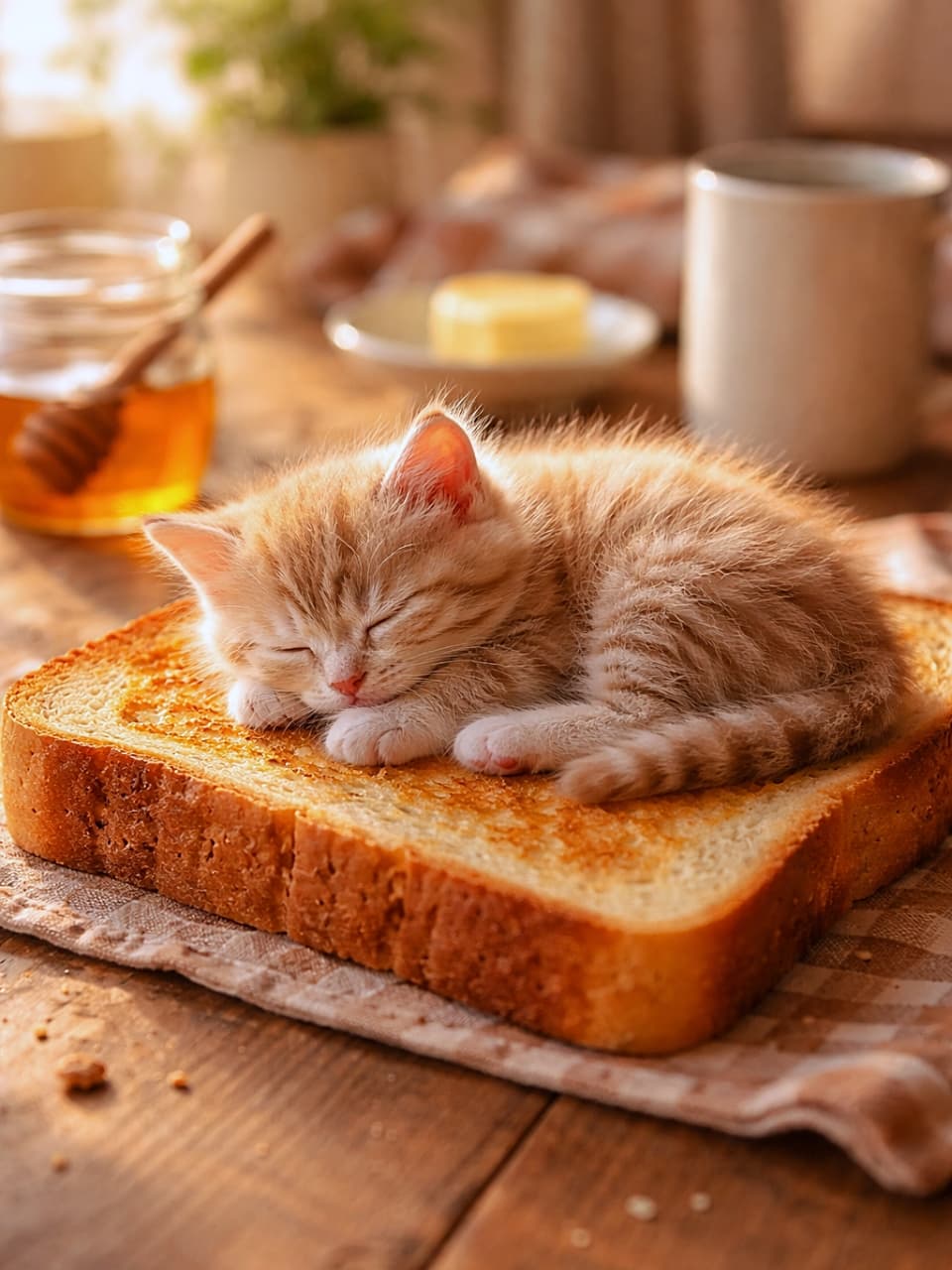 「今日の焼きたてはふわふわ子猫付き🍞朝日と一緒にとろける幸せタイム🐾」Photorealistic orange tabby kitten sleeping curled up on a large slice of toasted bread, bathed in warm morning light on a rustic wooden table with honey and a mug in the background. 温かな朝の光に包まれ、大きなトーストの上で丸くなって眠る茶トラの子猫。木のテーブルの上に蜂蜜やマグカップが置かれたフォトリアルな情景