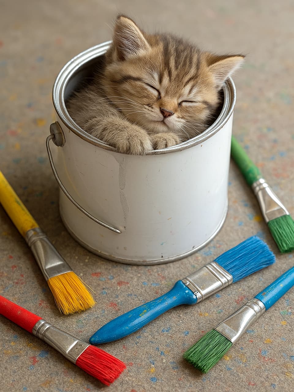「作業中断の理由はこちら🎨缶入り子猫、すやすや待機中。」A high-resolution photorealistic image of a small brown tabby kitten sleeping inside a white metal paint can, surrounded by colorful paintbrushes on a speckled workshop floor. 白い金属製のペイント缶の中で丸くなって眠る小さなブラウンタビーの子猫。周囲には赤・青・黄・緑のカラフルなペイントブラシが置かれた作業場の床が広がっている高解像度フォトリアル画像