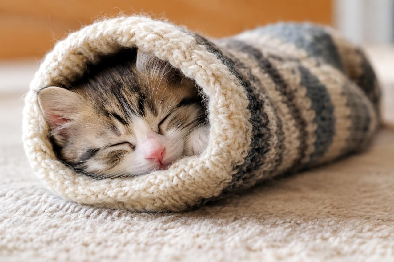 「もこもこ靴下が特注のスリーピングバッグ🧦💤 暖かくて安心するのか、最高の寝顔を見せてくれてるね⛄️💕」Ultra-realistic high-quality photograph of a tabby and white kitten sleeping soundly, completely tucked inside a thick, chunky knit striped wool sock with only its face showing. The fluffy texture of the fur, its pale pink nose, and the cozy, warm textures of the sock and carpet beautifully convey a comforting winter atmosphere. グレーとベージュのボーダー柄をした極太編みの羊毛靴下の中にすっぽりと入り込み、顔だけを出してスヤスヤと眠るキジ白の子猫。豊かな長毛の毛並み、淡いピンクの鼻先、ギュッと閉じた目元が精細に描写されている。靴下のモコモコとした温もりと、カーペットの柔らかなテクスチャが冬の安らぎを感じさせる