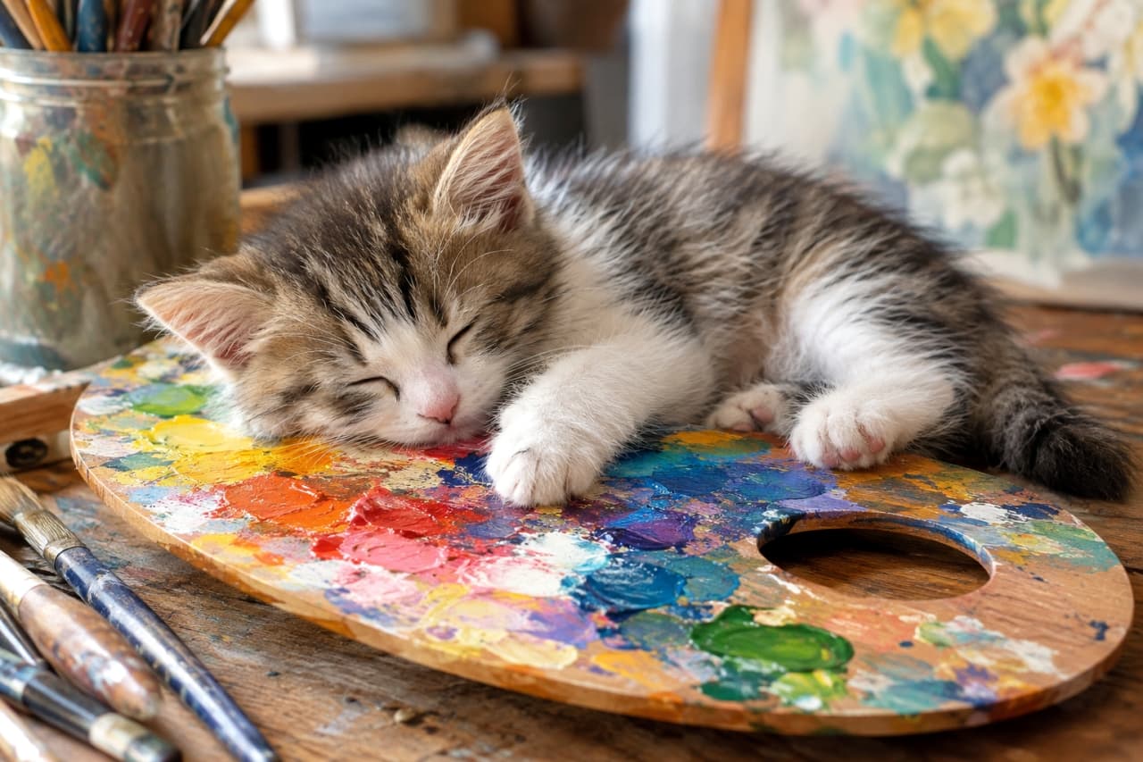「芸術の秋！？カラフルなパレットの上でスヤスヤ💤 どんな素敵な絵の夢を見ているのかな？🖌️🐈」Ultra-realistic high-quality photograph of a tabby and white kitten sleeping comfortably on a wooden artist's palette covered in vibrant, wet paint. The kitten's soft fur and relaxed pose with its white paw on the palette are beautifully captured amidst an art studio background with brushes and canvases. アトリエの木製デスクに置かれた、鮮やかな赤や青、黄色の絵の具が混ざり合う木製パレットの上で、心地よさそうに眠るキジ白の子猫。長毛混じりの柔らかな被毛、白い前足をパレットに投げ出した無防備なポーズが精細に描写されています。背景の絵筆やキャンバスが、芸術的で穏やかな空間を演出