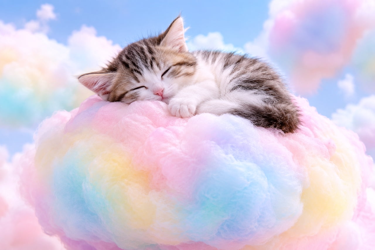「虹色の雲の上でスヤスヤお昼寝タイム☁️🌈 ふわふわベッドの寝心地はどうかな？一緒に夢の中へ行きたいね🐾✨」Ultra-realistic high-quality photograph of a tabby and white kitten sleeping peacefully on a fluffy, pastel-colored cloud of pink, blue, and yellow. The kitten's soft striped fur and white paws are highlighted by gentle, dreamy lighting against a blue sky background. 青空に浮かぶピンクや水色、黄色のパステルカラーのふわふわとした雲の上で、スヤスヤと眠るキジ白の子猫。淡いブラウンと黒の縞模様に白い顔立ちが愛らしく、ギュッと閉じた目元と揃えた前足が安心感を与えます。ファンタジックで夢のような柔らかい光に包まれた情景