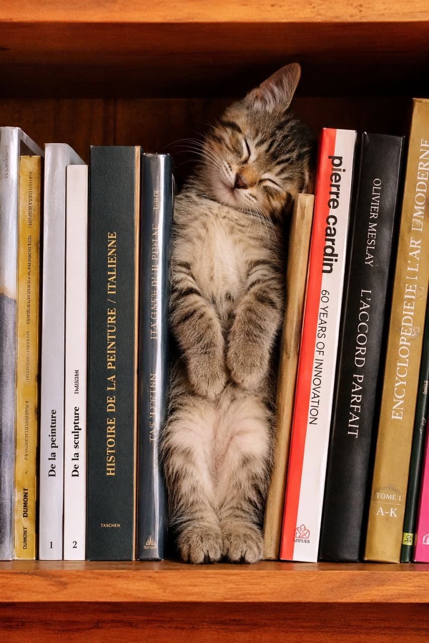 「本の隙間にシンデレラフィット📖✨ 仰向けで寝るなんて無防備すぎる！賢い夢を見てそう💭🐾」Ultra-realistic high-quality photograph of a tabby kitten sleeping on its back, perfectly wedged between heavy art books on a wooden bookshelf. The defenseless pose, with its belly exposed and front paws neatly folded on its chest, is heartwarming. The book spines' typography and soft lighting create a smart yet comical scene.　木製の本棚に並んだ重厚なアート系の洋書と洋書の間で、見事に縦に挟まりながら仰向けで眠るキジトラの子猫。お腹を見せて両前足を胸の前でちょこんと折りたたんだ無防備なポーズが微笑ましい。本の背表紙のタイポグラフィと柔らかな照明が、知的ながらもコミカルな情景を作り出している