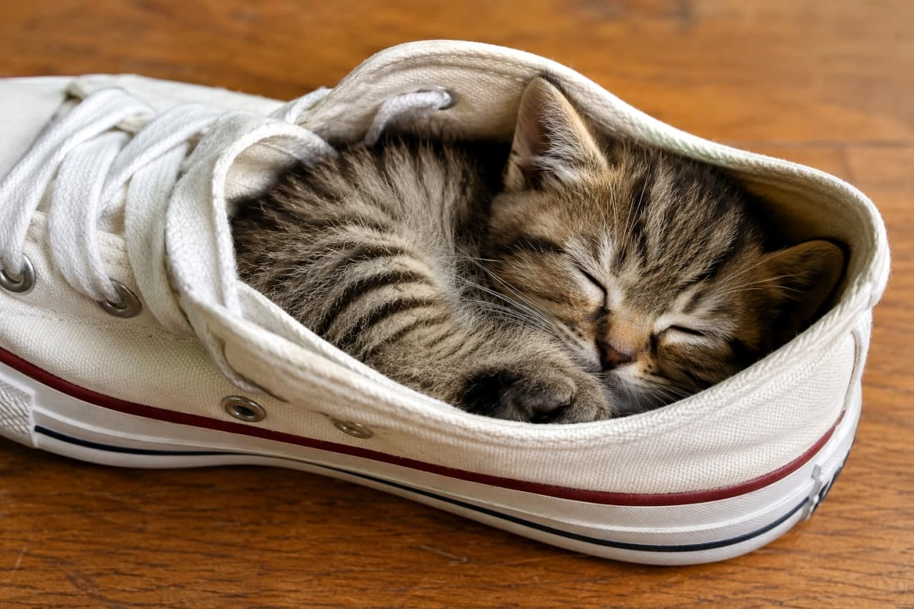 「お出かけ前の靴の中に小さな侵入者発見👀👟 気持ちよさそうすぎて、今日はお留守番決定だね🏠💕」Ultra-realistic high-quality photograph of a tabby kitten snuggled up and sleeping peacefully inside a white canvas sneaker. The texture of the sneaker's fabric, stitches, and eyelets are meticulously detailed, highlighting the adorable fluffy ears and paws peeking out. The wooden floor texture enhances the casual, everyday feel of the scene. 白いキャンバス地のスニーカーの中にすっぽりと潜り込み、安心しきった表情で眠るキジトラの子猫。スニーカーの布地の質感やステッチ、金属製のハトメのディテールが精細に描かれ、そこから覗くふわふわの耳と揃えた前足が愛嬌たっぷり。木の床の質感が、日常の何気ないワンシーンを際立たせている